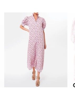 Floral Pink Midi Dress with Puff Sleeves and V-Neck